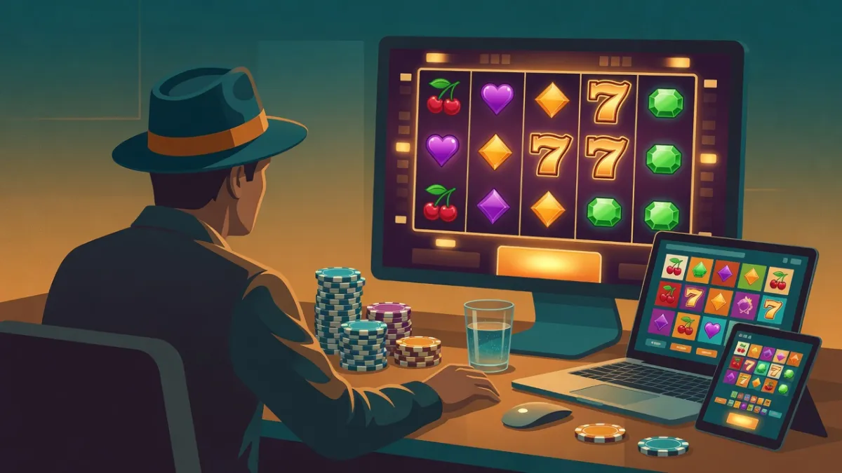 Illustration of a man in a fedora watching a slot game on a monitor, with poker chips, a glass of water, and a laptop and tablet showing slots